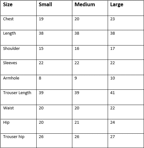 Size chart for Aive 3PC