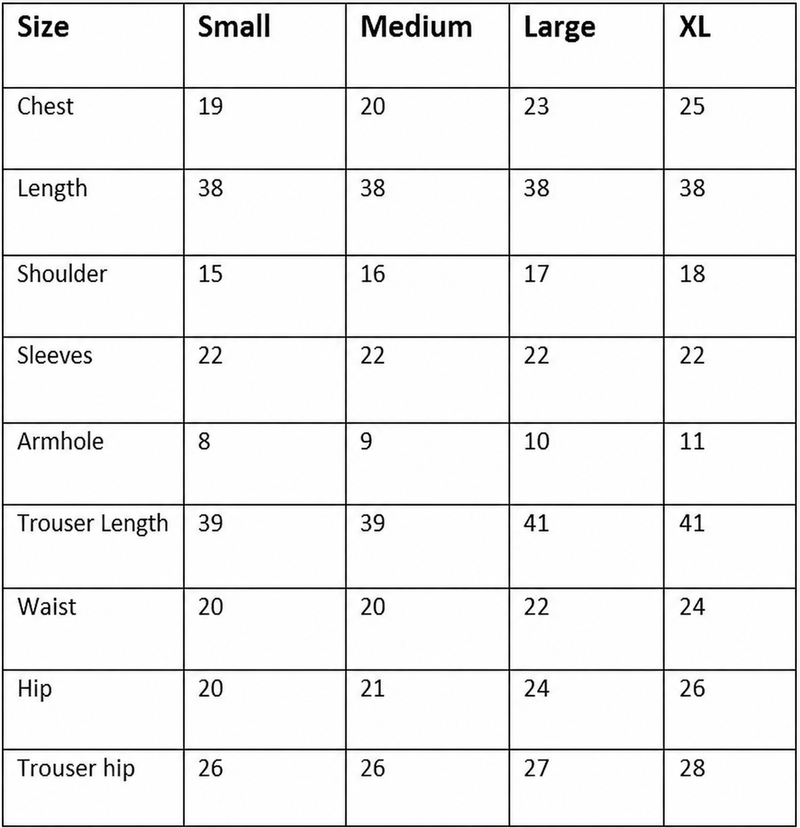 Size chart for Aive 3PC