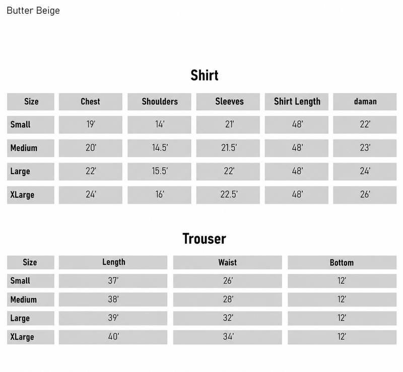 Size chart for 3 pcs Lawn Cotton Embroidered Dress - Butter Beige