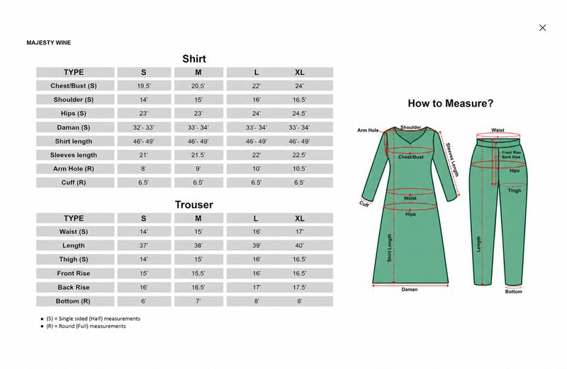 Size chart for 3 Piece Cotton Embroidered Dress - Majesty Wine