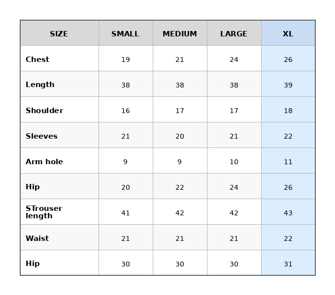 Size chart for Hooriya 2pc
