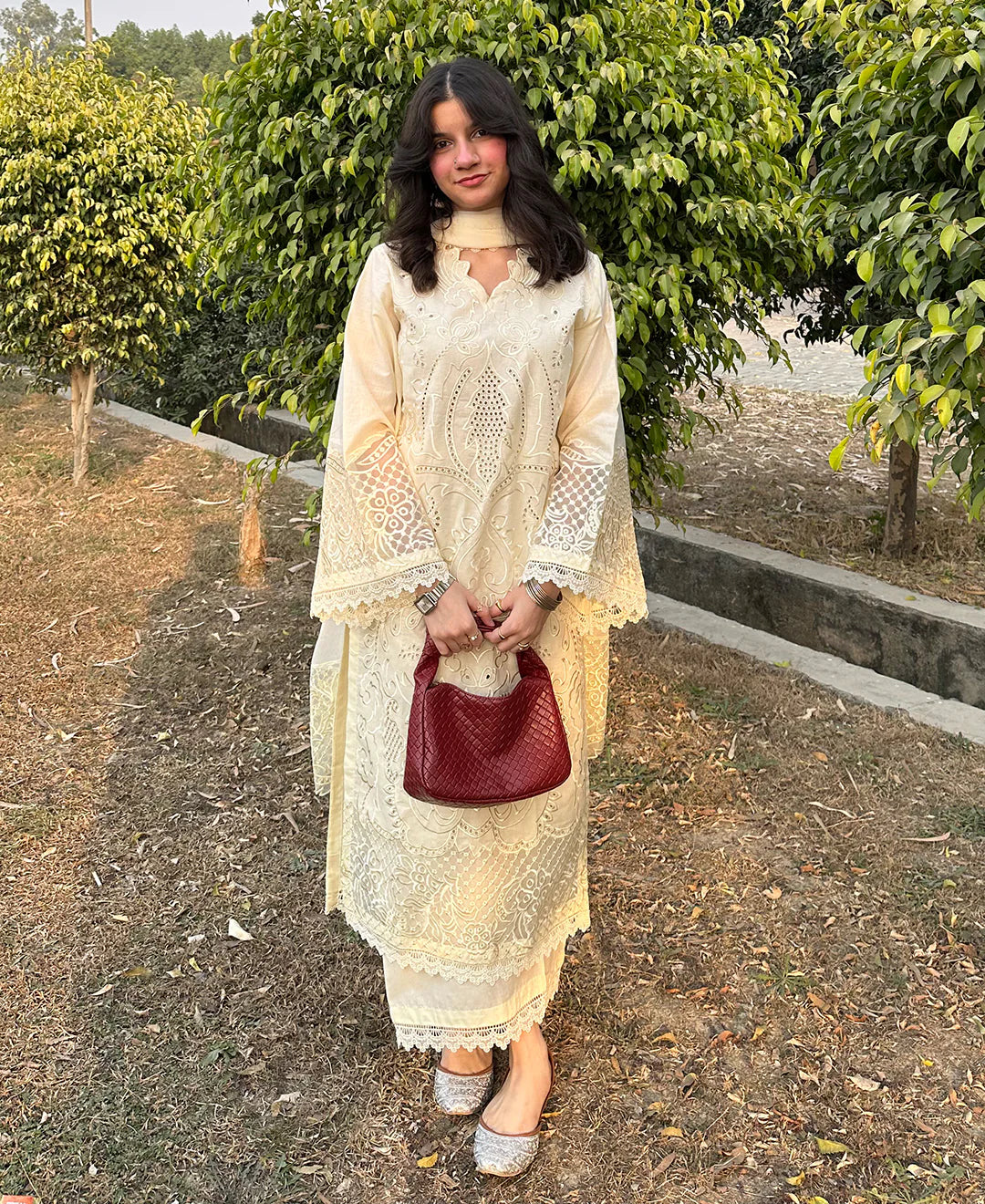 3 pcs Lawn Cotton Embroidered Dress - Butter Beige