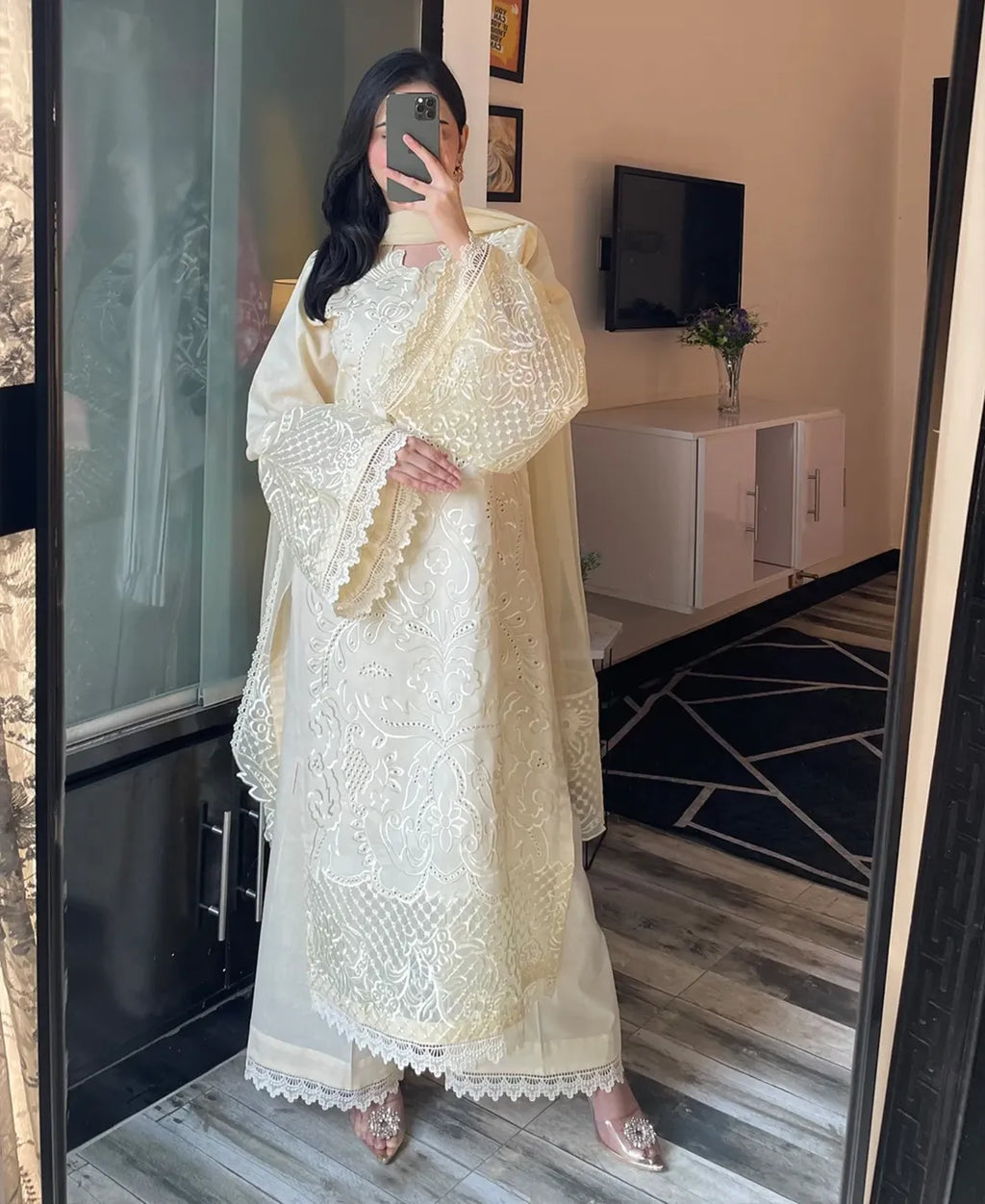 3 pcs Lawn Cotton Embroidered Dress - Butter Beige