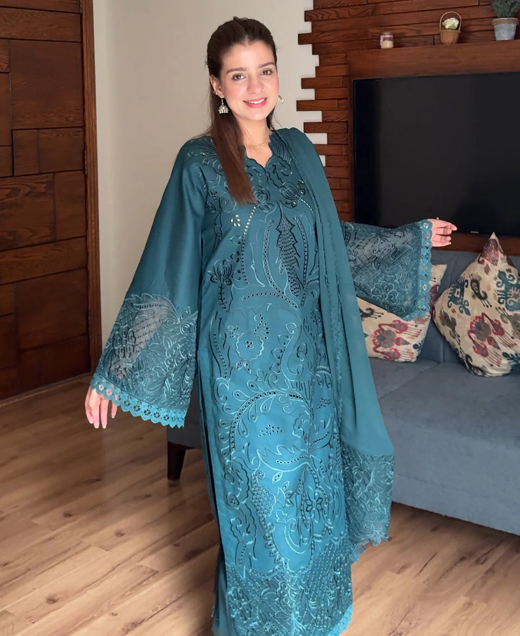 3 pcs Lawn Cotton Embroidered Dress - Butter Beige