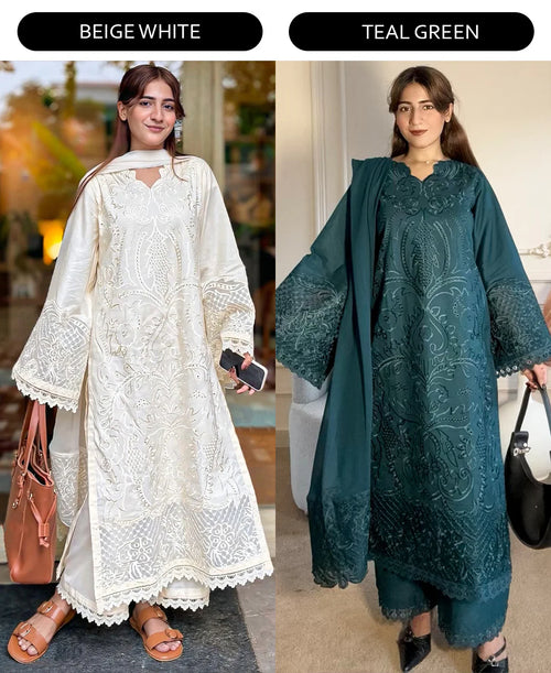 3 pcs Lawn Cotton Embroidered Dress - Butter Beige