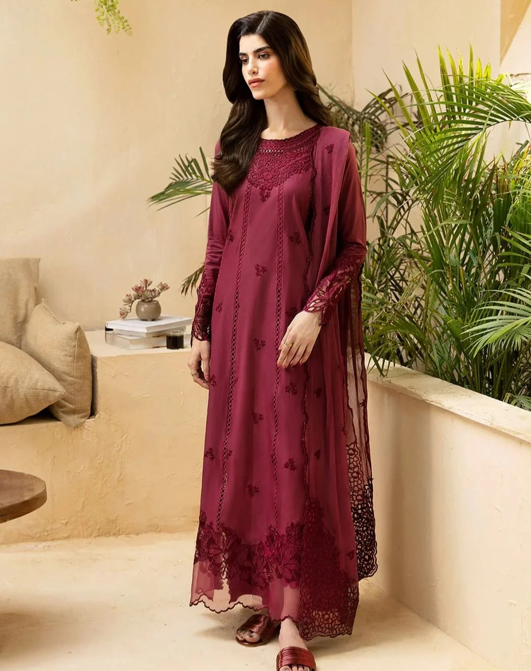 3 Piece Cotton Embroidered Dress - Majesty Wine