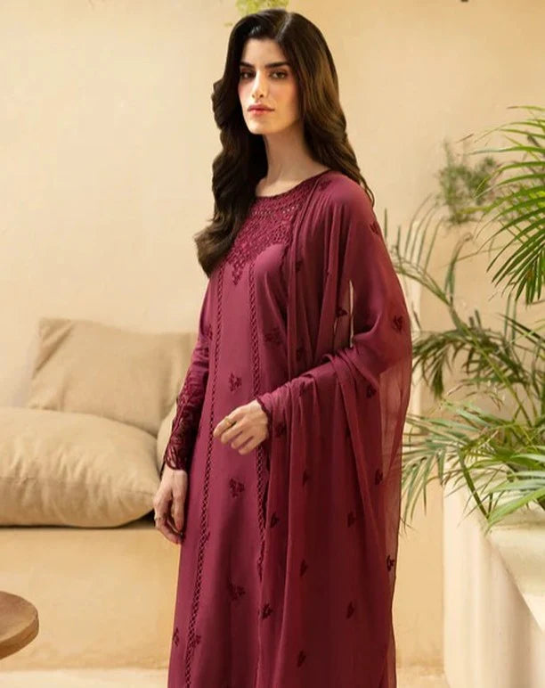 3 Piece Cotton Embroidered Dress - Majesty Wine