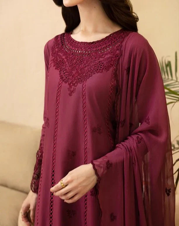 3 Piece Cotton Embroidered Dress - Majesty Wine