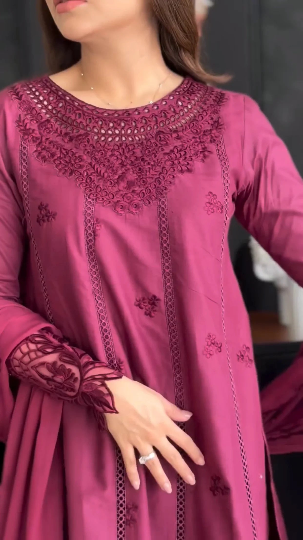 3 Piece Cotton Embroidered Dress - Majesty Wine